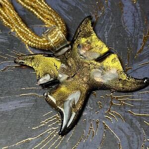 Vintage Artisan Beaded Golden Glass Butterfly Pendant Necklace